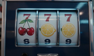 Klassische Frucht-Slotmaschine mit drei Walzen im blauen Neonlicht der Casino Spiele Lobby