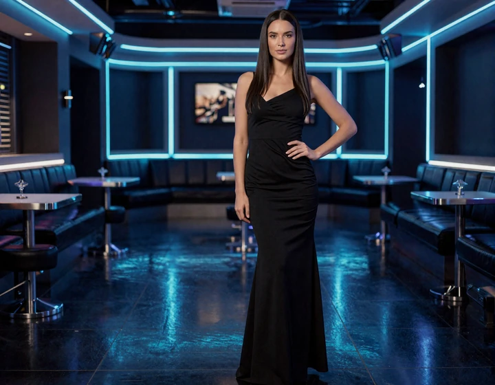 Model in schwarzem Abendkleid in premium Casino-Lounge mit blauen Neonlichtern beim Online Casino Deutschland