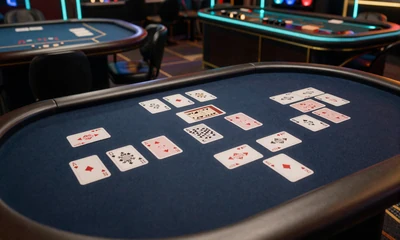 Eleganter Baccarat-Tisch mit Karten auf navy-blauem Filz in premium Casino-Lounge