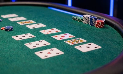 Blackjack Tisch mit Karten und Chips im premium Casino Ambiente