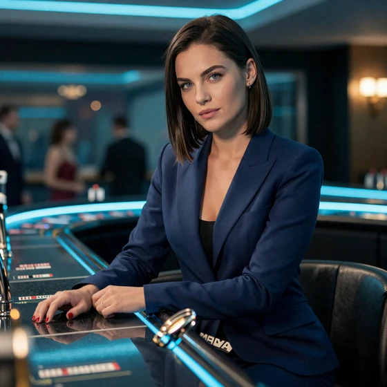 Frau in navy Blazer an blau beleuchteter Bar im premium Casino Lounge Setting