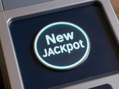 New Jackpot Badge mit frischem cyanem Gl&uuml;hlicht auf dunklem Slot-Bildschirm