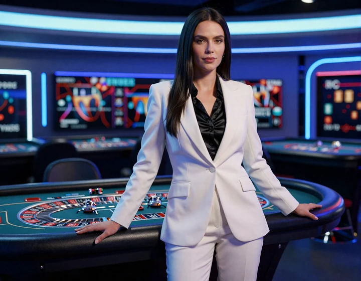 Model im wei&szlig;en Tuxedo-Jacket neben Live-Roulett-Tisch in blau beleuchtetem Premium-Casino-Studio