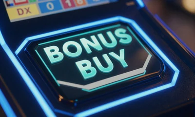 Bonus Buy Feature-Taste mit cyanem Gl&uuml;hlicht an einem Slot Automaten