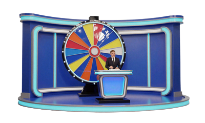 Game-Show-Studio mit gro&szlig;em Gl&uuml;cksrad und Neon-Lichtern