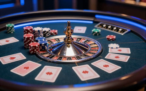 OnAir Entertainment Studio mit Roulette-Tisch und Chips in dunklem Luxus-Ambiente