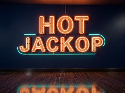 Hot Jackpot Neon-Schild mit orangem und cyanem Gl&uuml;hlicht an dunkler Casino-Wand