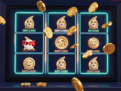 Drops and Wins Slot mit fallenden M&uuml;nzen und cyanem Neon-Gl&uuml;hen