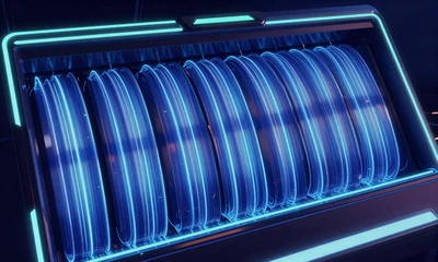 Megaways Slot mit dynamischen Walzen und blauen Gewinnlinien