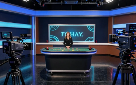 Pragmatic Live Studio mit Dealer am Blackjack-Tisch in blauer Neon-Beleuchtung