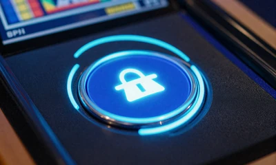 Bonus Buy Feature Taste an einem Slot Automaten mit blauem Gl&uuml;hlicht